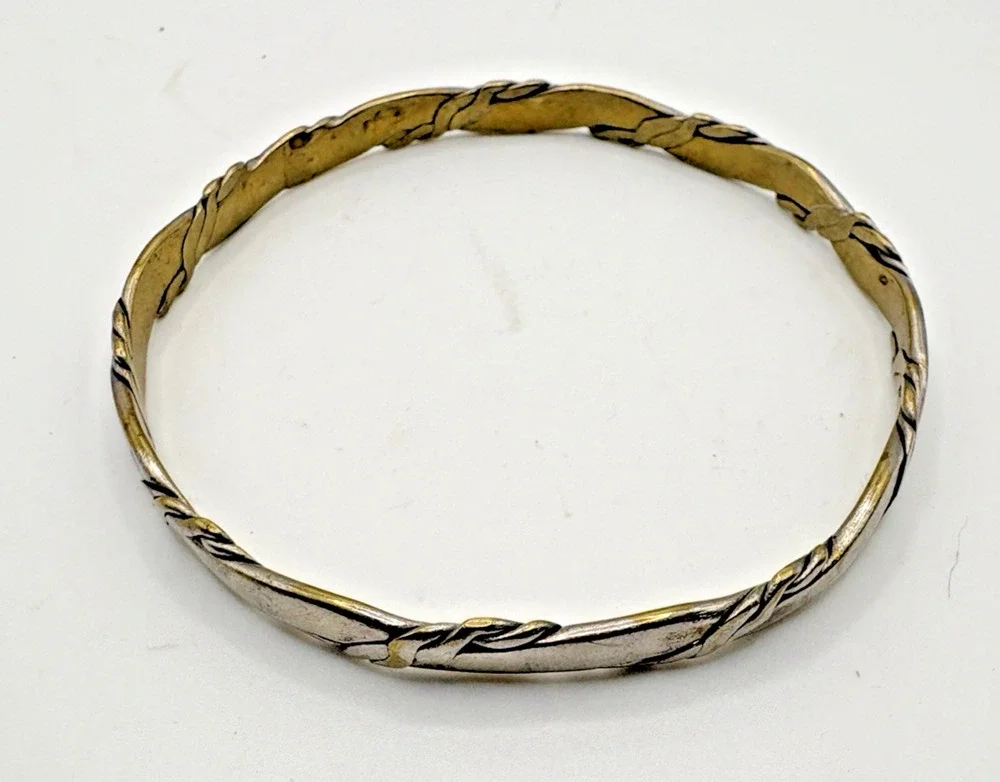 Vintage Sterling Silver 925 Mexico Flat Rope Bangle Bracelet Handcrafted Artisan